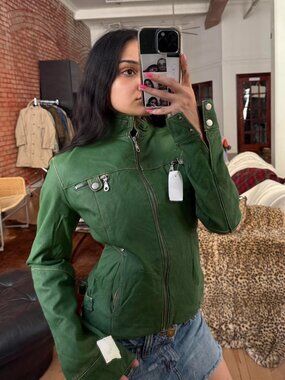 Oscar Leopold Green Leather Moto Jacket M Y2K Biker Grunge